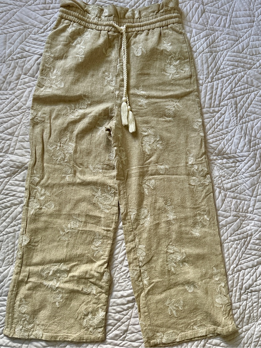 House of Harlow 1960 Floral Embroidered Linen Wide Leg Drawstring Pants